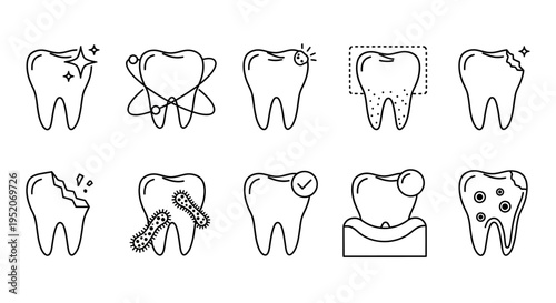 Vector Outline Icons Illustrating Dental Health, Oral Hygiene, Tooth Decay, and Treatment Concepts