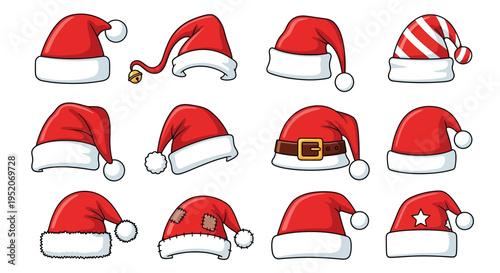 Vibrant vector set showcasing a diverse collection of traditional and modern Santa hats, perfect for festive holiday designs and celebrations