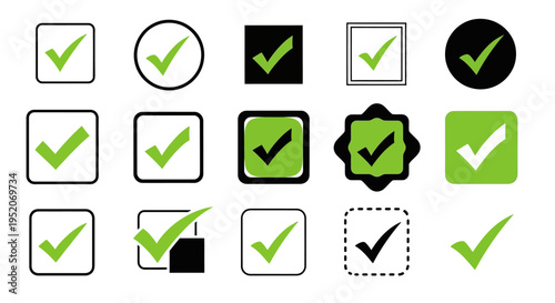 Comprehensive Set of Green and Black Checkmark Icons for Approval and Completion