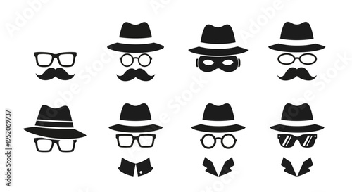 Diverse Set of Secret Agent and Detective Vector Icons with Hats, Glasses, and Mustaches. Mysterious Incognito Men Avatars for Security and Privacy Concepts