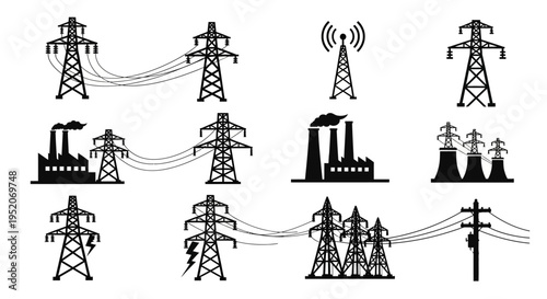 Modern electrical power grid and energy transmission infrastructure with communication towers, industrial silhouettes representing a robust supply system