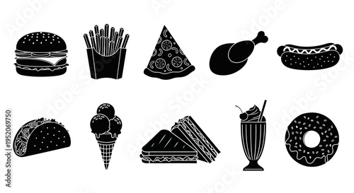 Set of delicious unhealthy fast food icons and symbols on a white background, great for menus and food-related designs