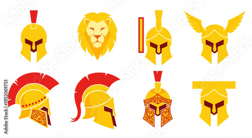 Set of Stylized Ancient Warrior Helmets and Lion Head Vector Icons, Representing Historical Mythology, Strength, and Valor