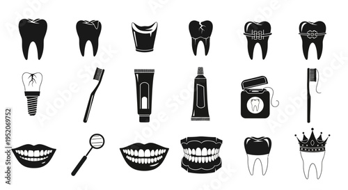 Collection of dental hygiene and oral care icons representing healthy teeth, gums, and dental tools for a bright smile