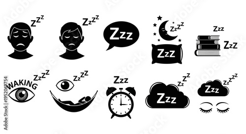 A Comprehensive Black and White Vector Icon Set Representing Sleep, Insomnia, and Waking States