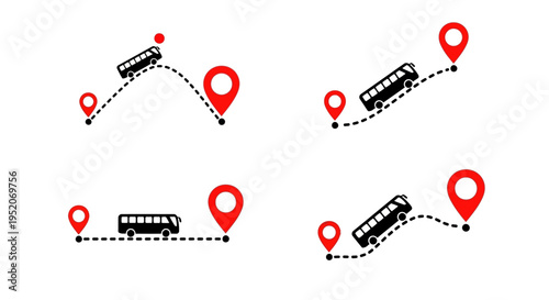 Illustrative icons showcasing bus routes with navigation pins and directional paths