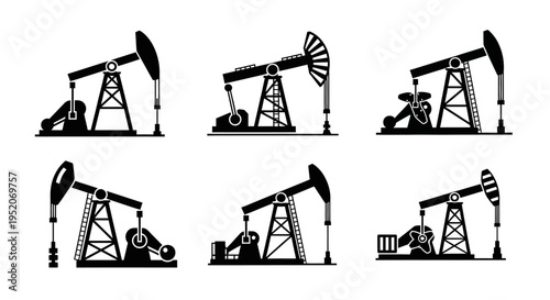 Collection of various oil pumpjack icons illustrating petroleum extraction, energy production, and industrial machinery