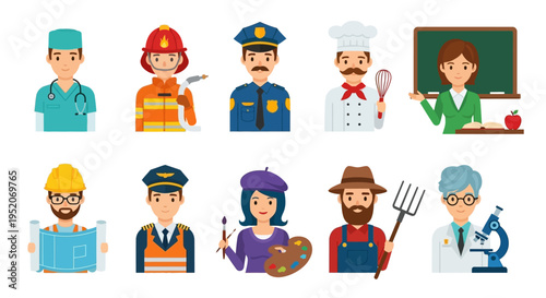 Diverse professional avatar icons representing various career paths and jobs