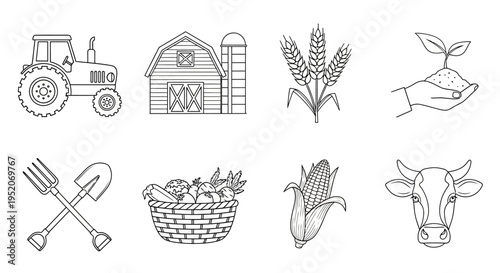 Vector Collection of Farming Elements Illustrating Agriculture, Crop Cultivation, Livestock, Rural Structures, and Farm Equipment