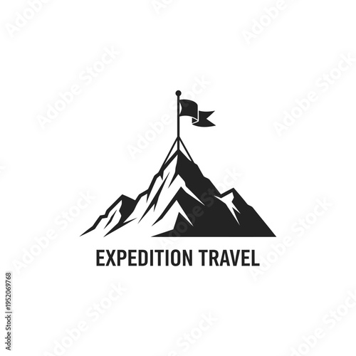 Mountain peak with flag expedition travel logo design.