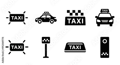 Comprehensive collection of taxi and cab service vector icons, essential for illustrating urban transportation and modern mobility applications