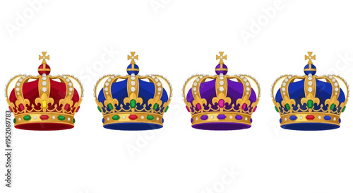 Four regal crowns, adorned with colorful jewels and gold trim, symbolizing royalty, power, and luxury