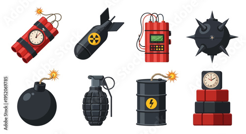A Diverse Collection of Dangerous Explosive Devices, Bombs, and Grenades Illustrated in Cartoon Vector Style