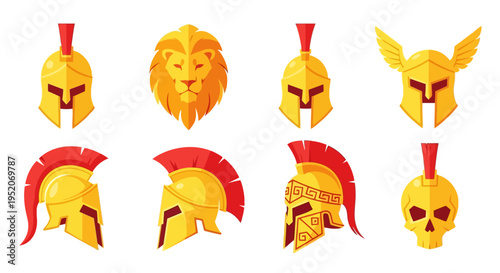 Illustrative Collection of Ancient Greek Helmets, Mythological Warrior Armor, and Symbolic Headwear. Concept of Historical Strength
