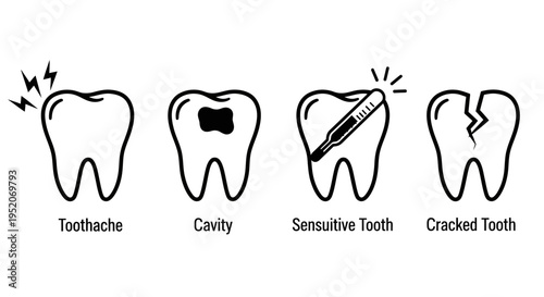 Black and White Illustrated Icons of Common Dental Problems and Oral Health Conditions