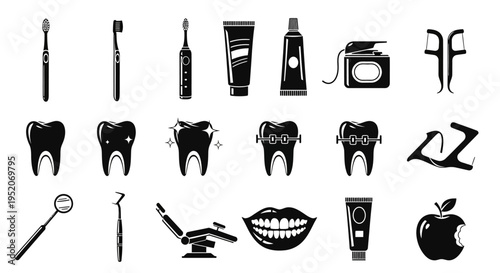 Dental hygiene and care icons toothbrushes, toothpaste, floss, dental tools, braces, teeth, and apple