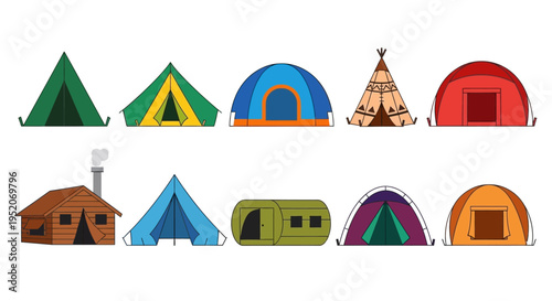 Diverse Collection of Camping Tents and Outdoor Shelters Vector Illustration Set for Adventure