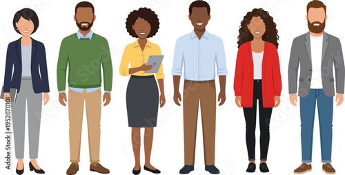 Diverse group of professional business people, men and women standing together in smart casual clothing, vector flat illustration