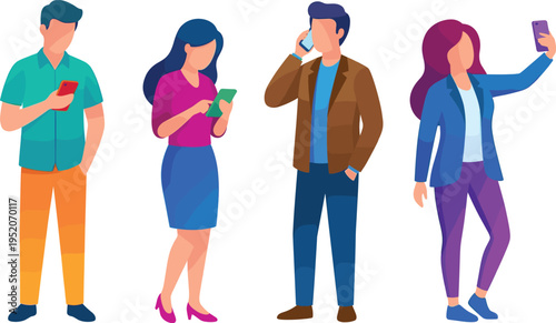 Set of diverse flat characters using smartphones for calling, texting, and taking selfies, perfect for modern digital communication designs