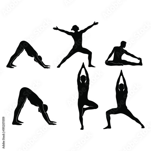 Six Men and Women Yoga Silhouettes Set, Group Fitness Poses Collection, Meditation and Wellness Vector Illustration Isolated