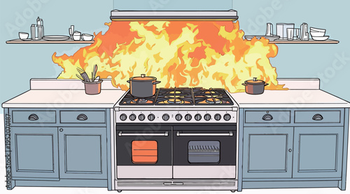 Kitchen fire occurs at home while cooking dinner on a stove with pots and flames rising in the background