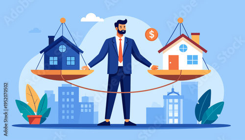 Businessman weighing real estate investment value on scales, symbolizing property market evaluation, home buying, selling, and financial decision-making