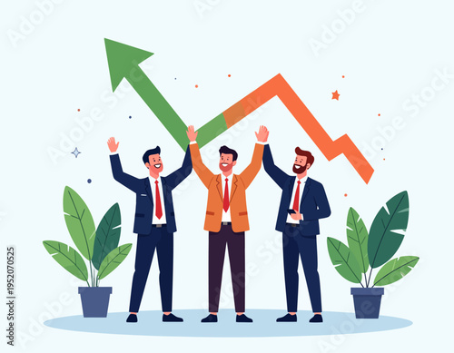 Successful business team celebrating remarkable financial growth and strategic achievements, demonstrating a positive market trend and strong collaborative performance