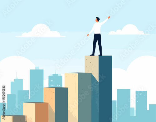 Confident leader standing tall on a towering city building, celebrating success and future vision in the urban landscape, symbolizing ambition and achievement