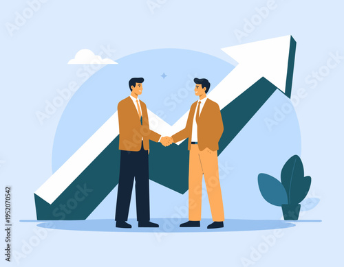 Two businessmen shaking hands with a rising arrow graphic symbolizing success and partnership in a professional setting