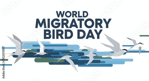 Migratory birds flying over ocean waves in blue abstract illustration for World Migratory Bird Day