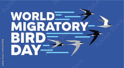 World Migratory Bird Day logo with flying birds in blue background for conservation awareness