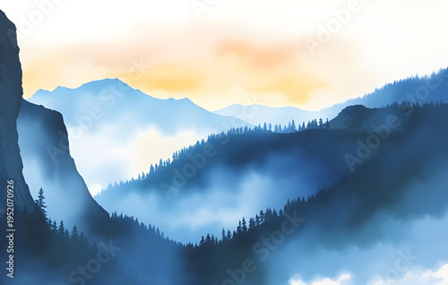 mist, fog, haze, cloud, clouds, mountain, mountains, hill, hills, valley, landscape, scenery, nature, sky, atmosphere, dreamy, soft, calm, peaceful, serene, morning, sunrise, dawn, light, shadow, dept