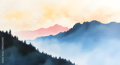 mist, fog, haze, cloud, clouds, mountain, mountains, hill, hills, valley, landscape, scenery, nature, sky, atmosphere, dreamy, soft, calm, peaceful, serene, morning, sunrise, dawn, light, shadow, dept