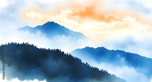 fog, mist, haze, cloud, clouds, mountain, mountains, hill, hills, valley, landscape, scenery, nature, sky, atmosphere, dreamy, soft, calm, peaceful, serene, morning, sunrise, dawn, light, shadow, dept