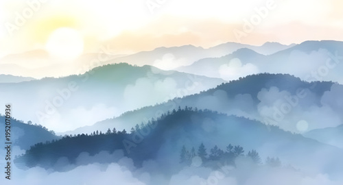 fog, mist, haze, cloud, clouds, mountain, mountains, hill, hills, valley, landscape, scenery, nature, sky, atmosphere, dreamy, soft, calm, peaceful, serene, morning, sunrise, dawn, light, shadow, dept