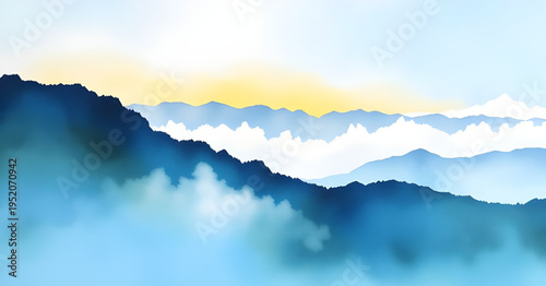 fog, mist, haze, cloud, clouds, mountain, mountains, hill, hills, valley, landscape, scenery, nature, sky, atmosphere, dreamy, soft, calm, peaceful, serene, morning, sunrise, dawn, light, shadow, dept