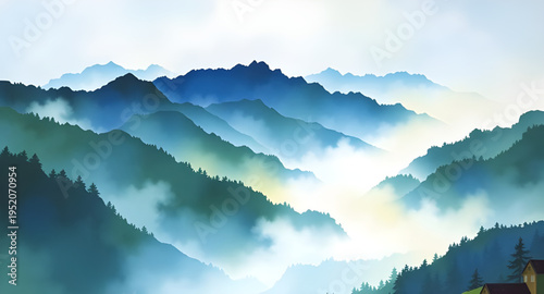 fog, mist, haze, cloud, clouds, mountain, mountains, hill, hills, valley, landscape, scenery, nature, sky, atmosphere, dreamy, soft, calm, peaceful, serene, morning, sunrise, dawn, light, shadow, dept