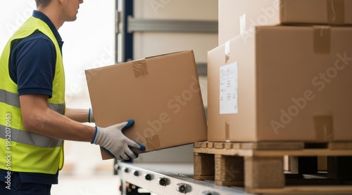 Happy Warehouse Workers Loading Packages onto a Truck at a Modern Logistics Center