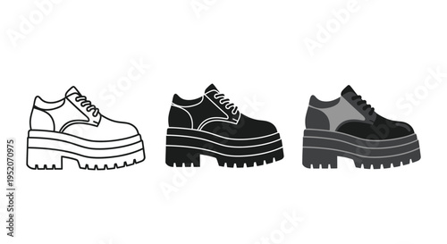 Three versatile vector graphic styles illustrate a modern lace up platform oxford shoe design for fashion concepts