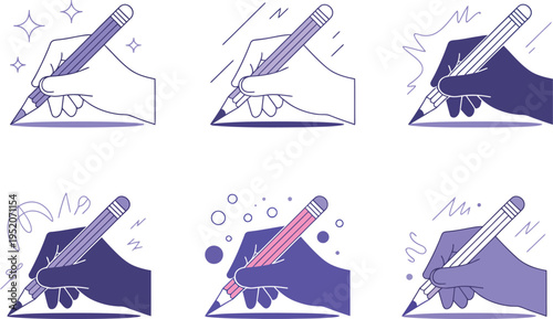 Six stylized of hands holding pencils, creating and writing