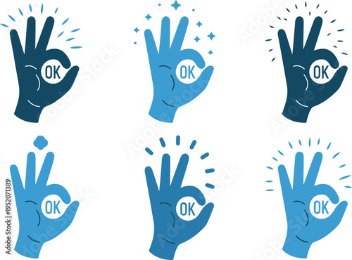 Six Blue and Dark Blue "OK" Hand Gestures with Sparkles and Rays