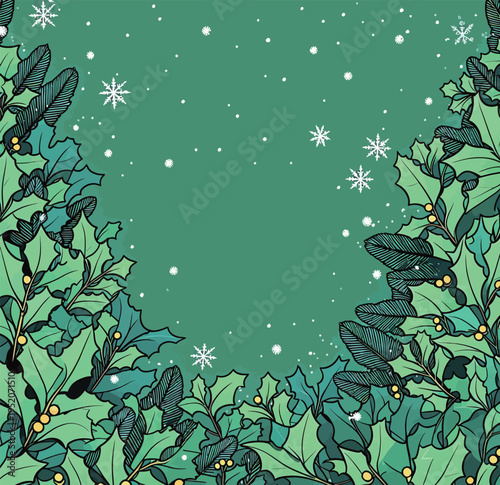 Winter decorations with holly leaves and snowflakes on a green background during the holiday season