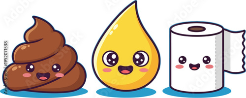 Cute vector illustration of smiling poop, pee drop, and toilet paper characters