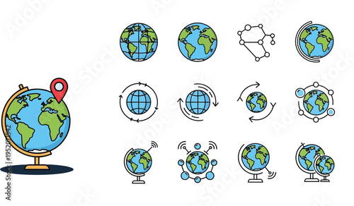 Collection of twelve different stylized vector globe and world map icons