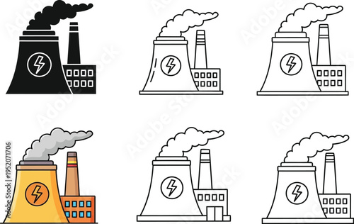Various styles of electric power plant vector illustrations generating energy