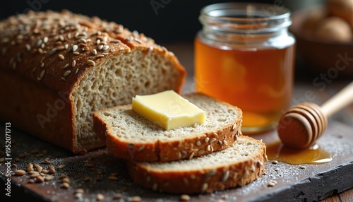 Rustic whole seed bread with butter and honey on wood board. Gluten-free low-carb loaf for healthy diet. Artisanal homemade baking refreshment.