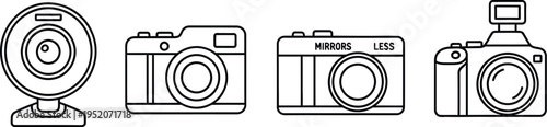 Collection of simple line art vector icons representing cameras and webcam