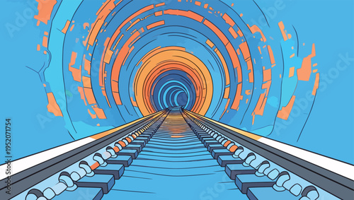 Train tracks leading into a colorful tunnel with bright lines showing motion in abstract style