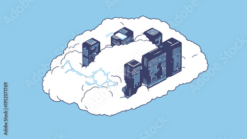 Digital cloud network connecting city buildings and data structures in a blue sky environment