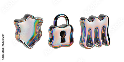 3D cybersecurity protection icons with shield, lock, firewall and secure network symbols. High-quality technology icons isolated on transparent background for security apps and IT platforms.